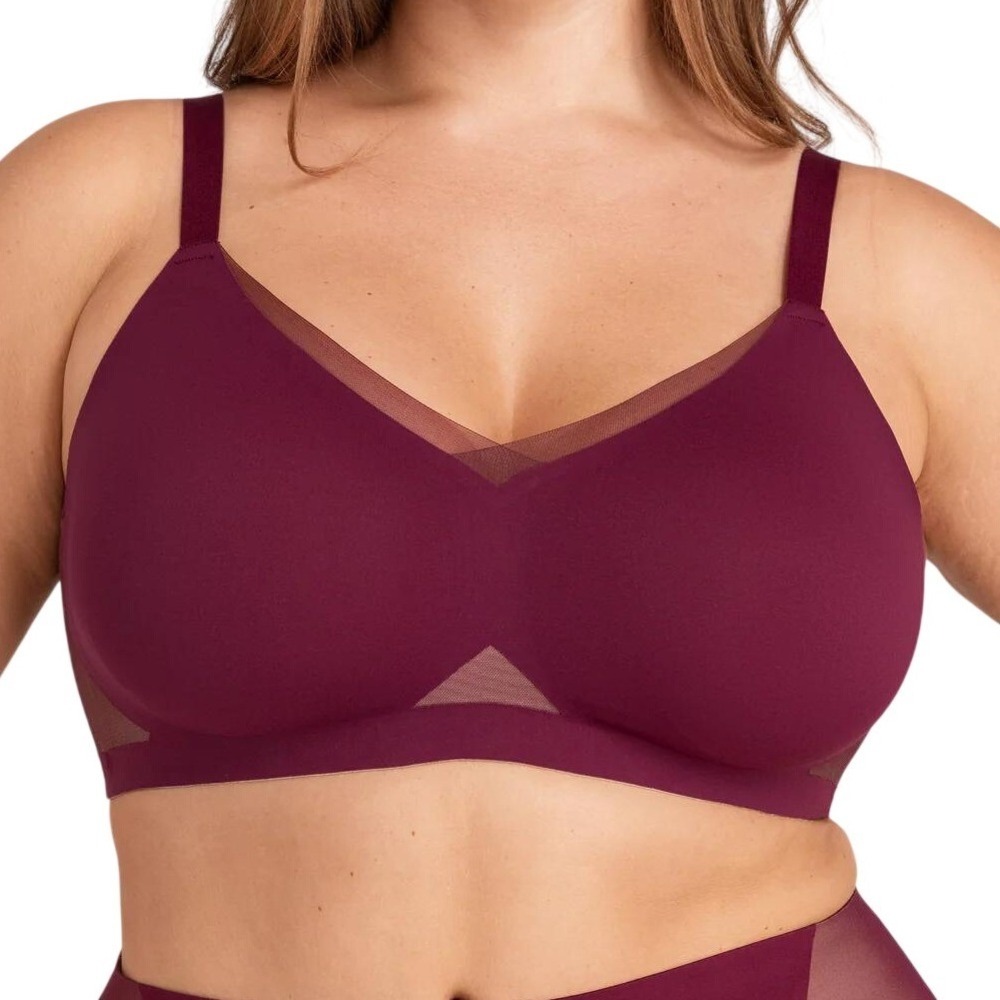 Honeylove Crossover‎ Bra Fig Burgundy Wireless Mesh Support XL 38D 38DD Comfort